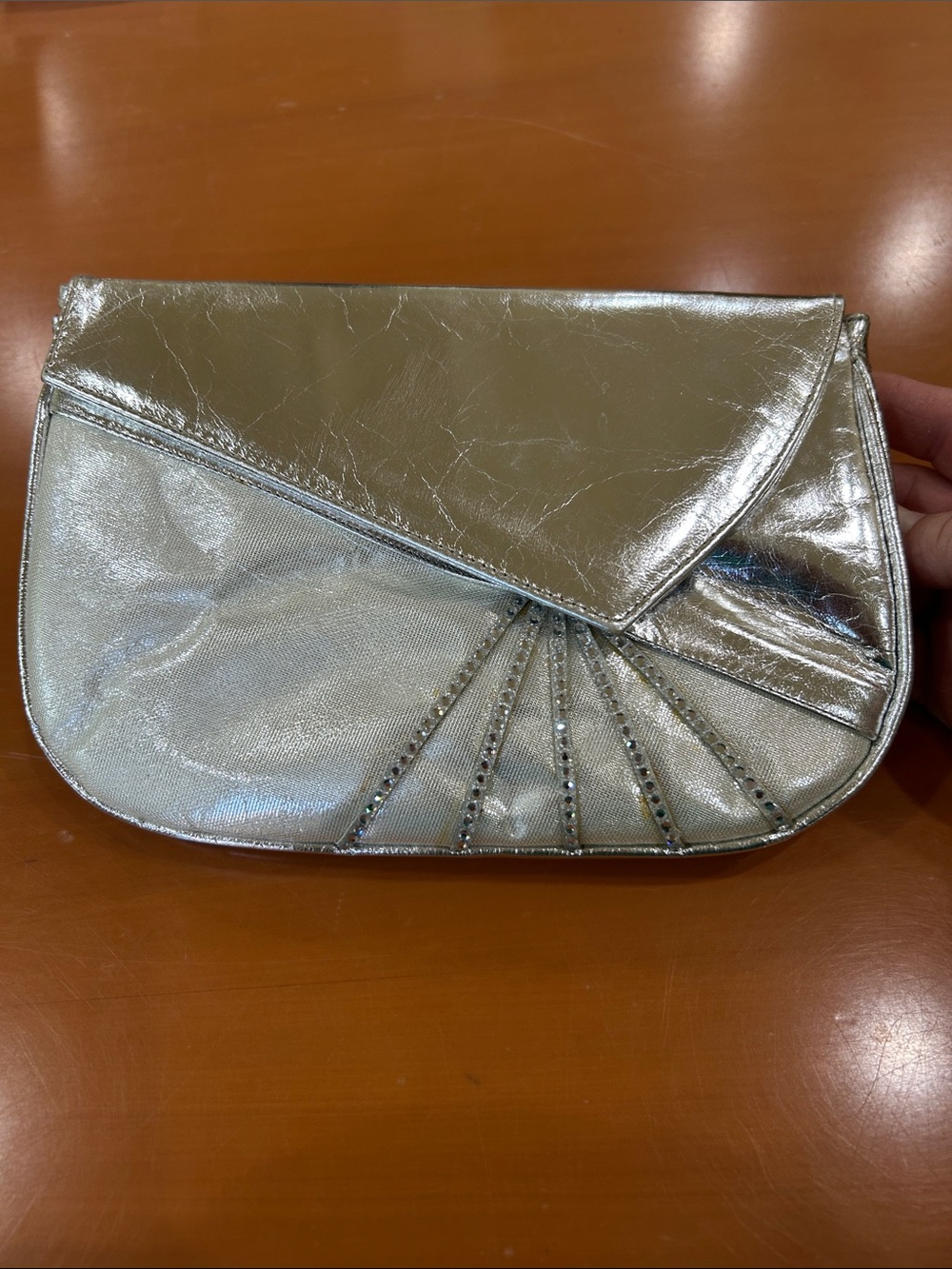 Stuart Weitzman Metallic Silver Envelope Clutch with Crystal Fan Detail